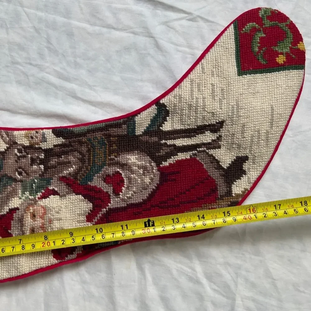 Vintage Wool Needlepoint Christmas Stocking 20” Olde Santa With Reindeer Lined